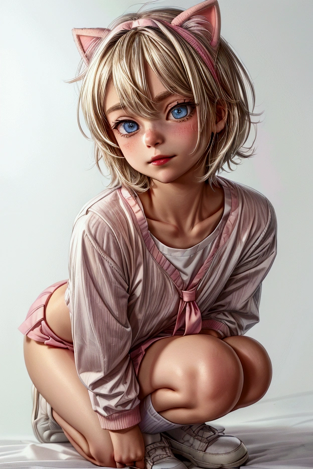 Anime style, Highres, Masterpiece, Best quality at best, Best Quality, hight quality, hight detailed, 1boy, blonde boy, perfect boy body, cute boy, detailed light blue eyes, short hair, messy hair, bangs, pastel rainbow inner hair color mesh, band on head with tiny cat ears, shy smile, crouching down, wears pink sailor suit, white sailor shirt, boy chest, pink tie, Pink sailor mini skirt, beautiful legs, white stockings over knee, perfect school shoes, perfect boy body, classroom at school, highest quality,