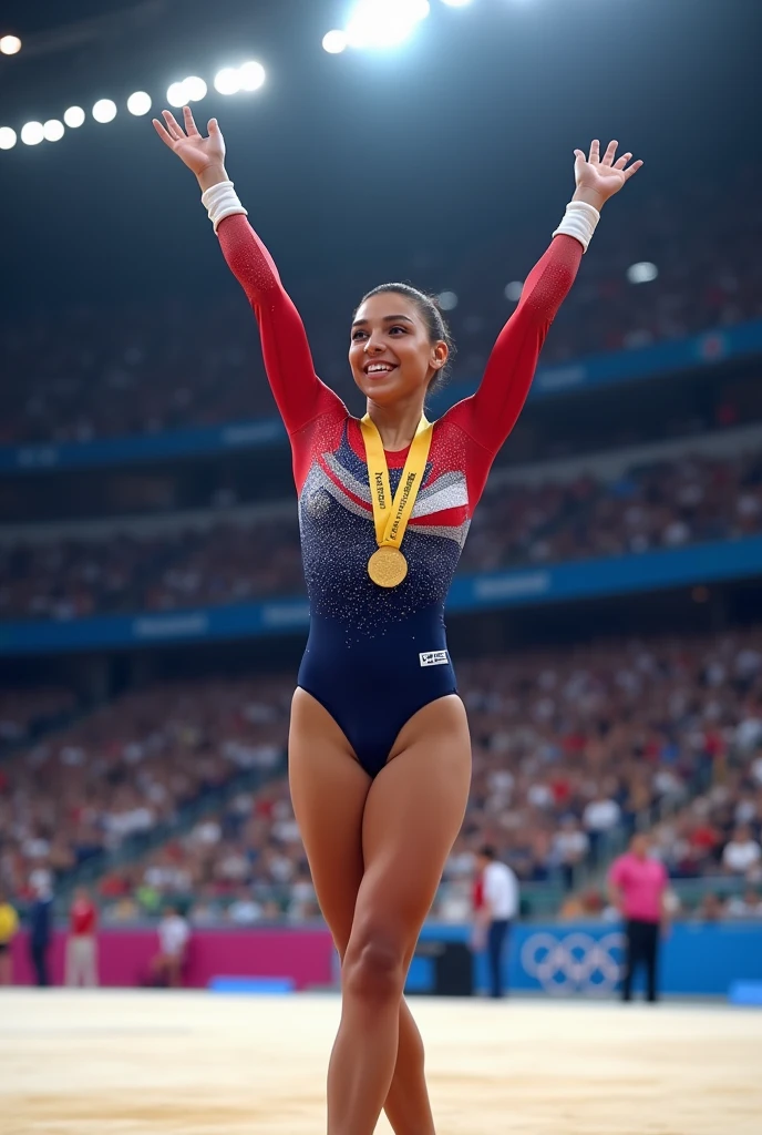 create an image of Simone Biles in a world sports olympic stadium, dressed in a black red and green gymnast uniform with a determined countenance, receiving a gold medal from Marcus Garvey, In the stands, a crowd of Africans cheers for her,