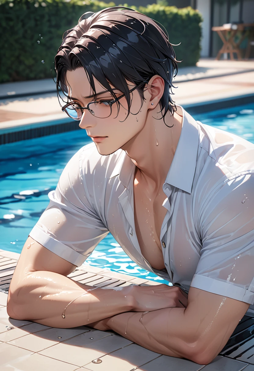 Ultra detailed, Highres, absurdres, HDR, Tezuka Kunimitsu, dark brown hair with bangs, hair between the eyes, expressive brown eyes, glasses, white tennis uniform with blue patterns, Prince Of Tennis, purple flowers, petals, extremely handsome, sexy man, toned chest, solo, very detailed eyes and face, water, purple butterflies, white tight T-shirt