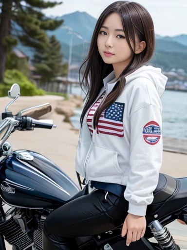 American Cruiser Motorcycle, (riding American Cruiser Motorcycle), Japanese female, (underweight), (medium bust best quality:1.0), 30 years old, looking ahead, messy hair, (hoodie), (swimsuit:1.3), on the mountain, from below, motion blur:1.5,