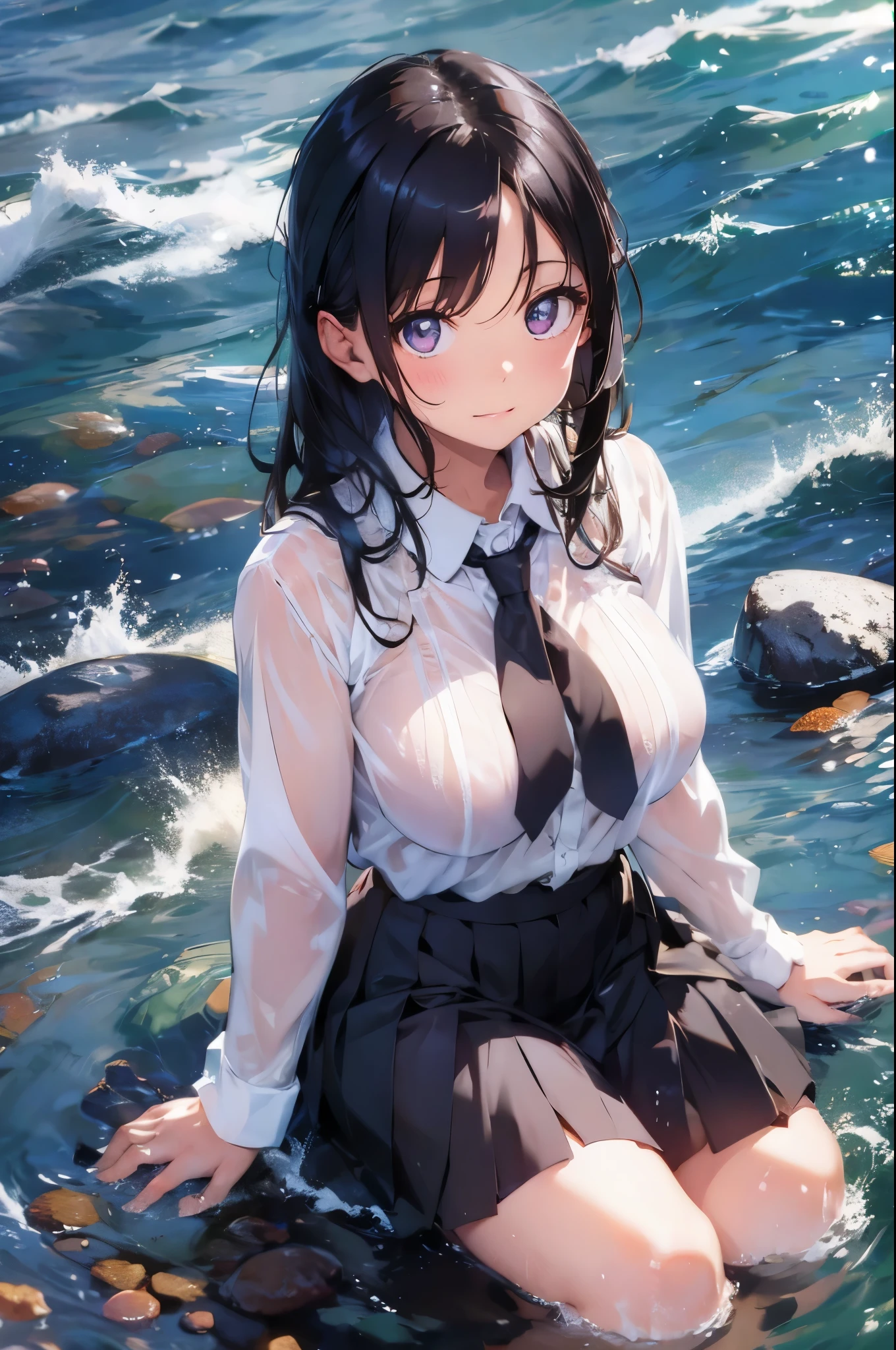 20 yo woman in a school uniform is sitting in the water, long sleeves, cardigan, (tie), ((pleated skirt)), closeup fantasy with water magic, beautiful maiden, wearing a skirt made of water, cleavage, realistic oil painting, dripping wet, in water up to her shoulders, beautiful realistic painting, nymph in the water, hyperrealist portrait in a river, hyperrealistic fantasy art, splashing, realistic fantasy painting, cute shot, narrow depth of field, 8k, nsfw, ((drenched)), ((soaked)), (dripping water), dripping oil, heavy clothes, soaked in oil, wet all over, rouge lipstick, wet dripping hair, blonde hair