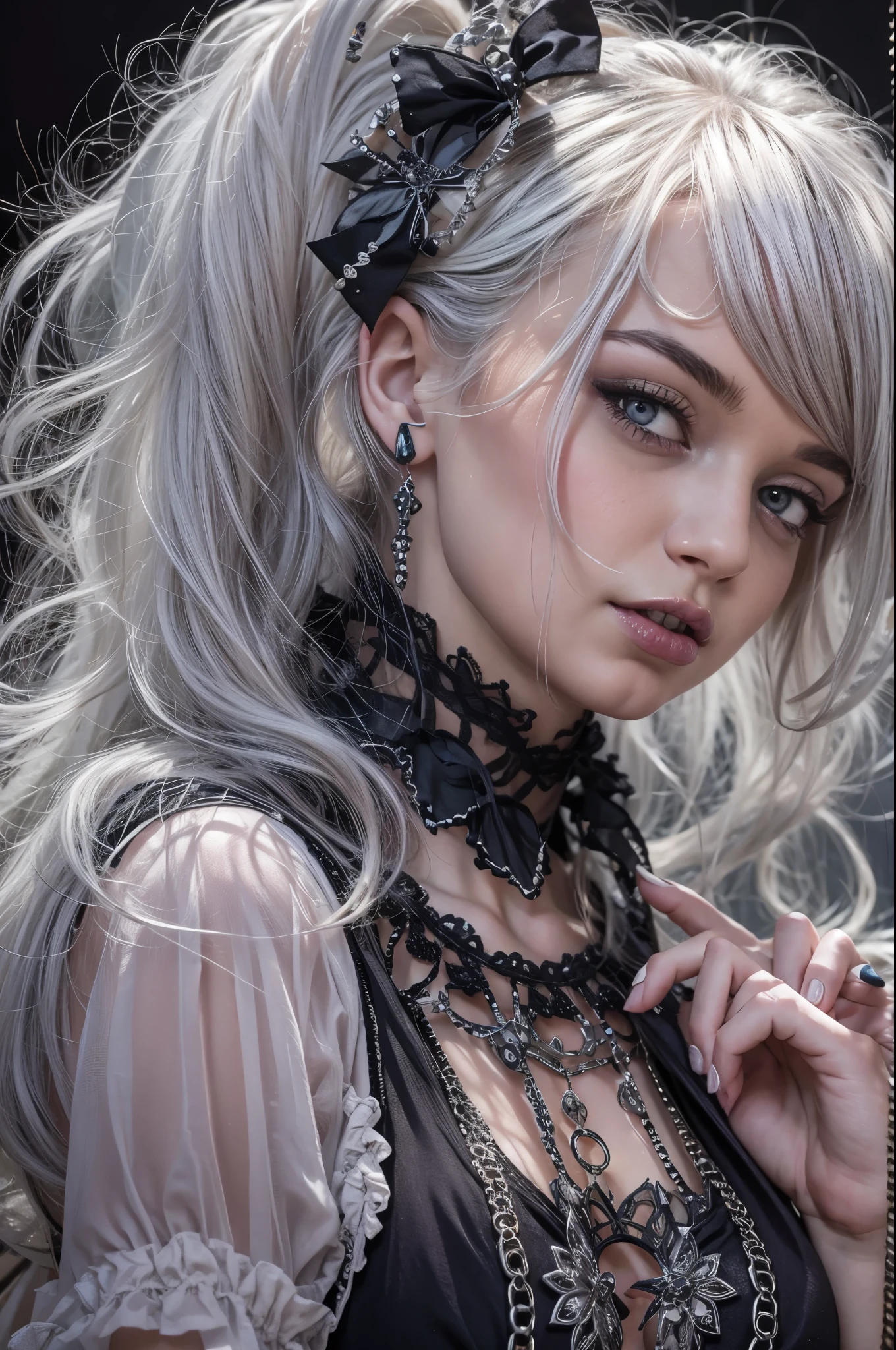 silver hair, curly hair, short hair, rolling eyes, crazy eyes, eyeball, sparkling eyes, devil eyes, fang, jitome, evil, high detail, Gothic art, Pop art, Verism, Pixar, stereogram, god rays, cowboy shot, Wide-Angle, UHD, super detail, high details, high quality, best quality, 16k