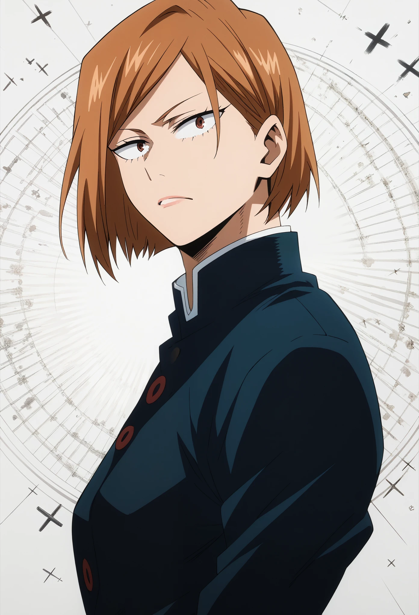 score_9, score_8_up, score_7_up, score_6_up, 1girl. nobara kugisaki, bob cut, short hair, my hero academia style, torso shot, anime aesthetic, expressive faces, bold outlines, detailed background, dynamic pose, seinen style, cross-hatching, high resolution, high quality, ultra detailed, super defined, sharp focus, crisp lines, ultra realistic, perfect lighting, perfect composition, perfect proportions, perfect perspective, perfect colors, perfect mood
