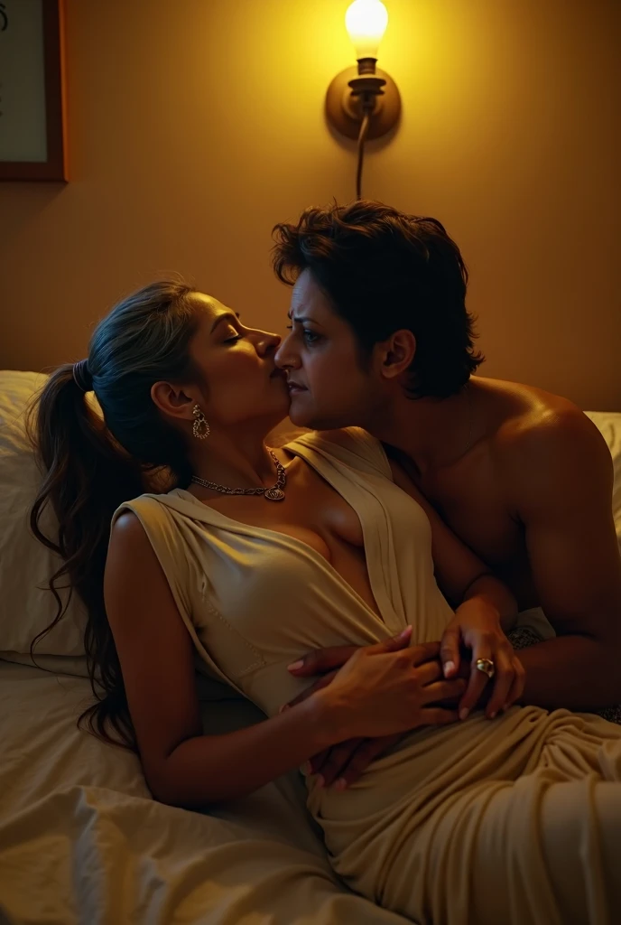 A Busty MILF Indian lady lying on Bed Wearing Saree on waist and her nude Breasts  Exposed Kissing a teen young Boy, Dim light in the room, Realistic image.