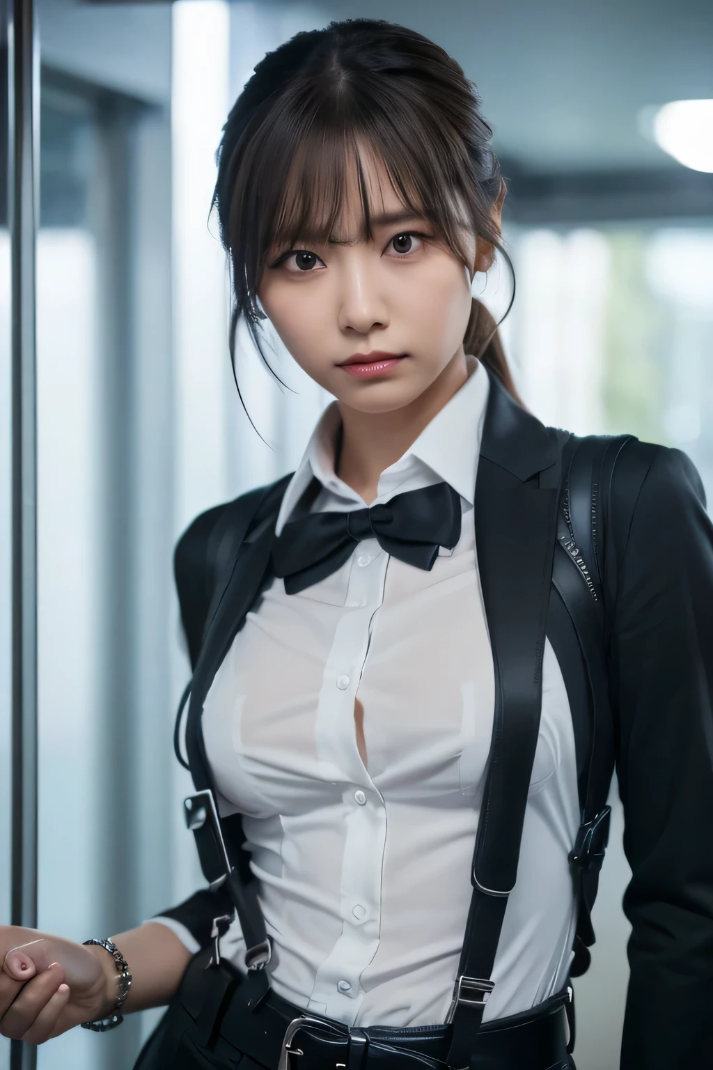 a woman in a suit, belt, hands behind back, sweating, suspenders, black pants, sexly, large breasts, see-through clothing, rain, detective, office worker, white button-up shirt, (best quality,4K,8k,highres,masterpiece:1.2),ultra-detailed,(realistic,photorealistic,photo-realistic:1.37),hyper-detailed,highly detailed face and body, Slender　thin　suspenders　Moderate breasts　See-through shirt　Nipples　holster　chain　Pistol　Armament　criminal　Female criminal　knife 　 Hands Behind Back　Constraints
