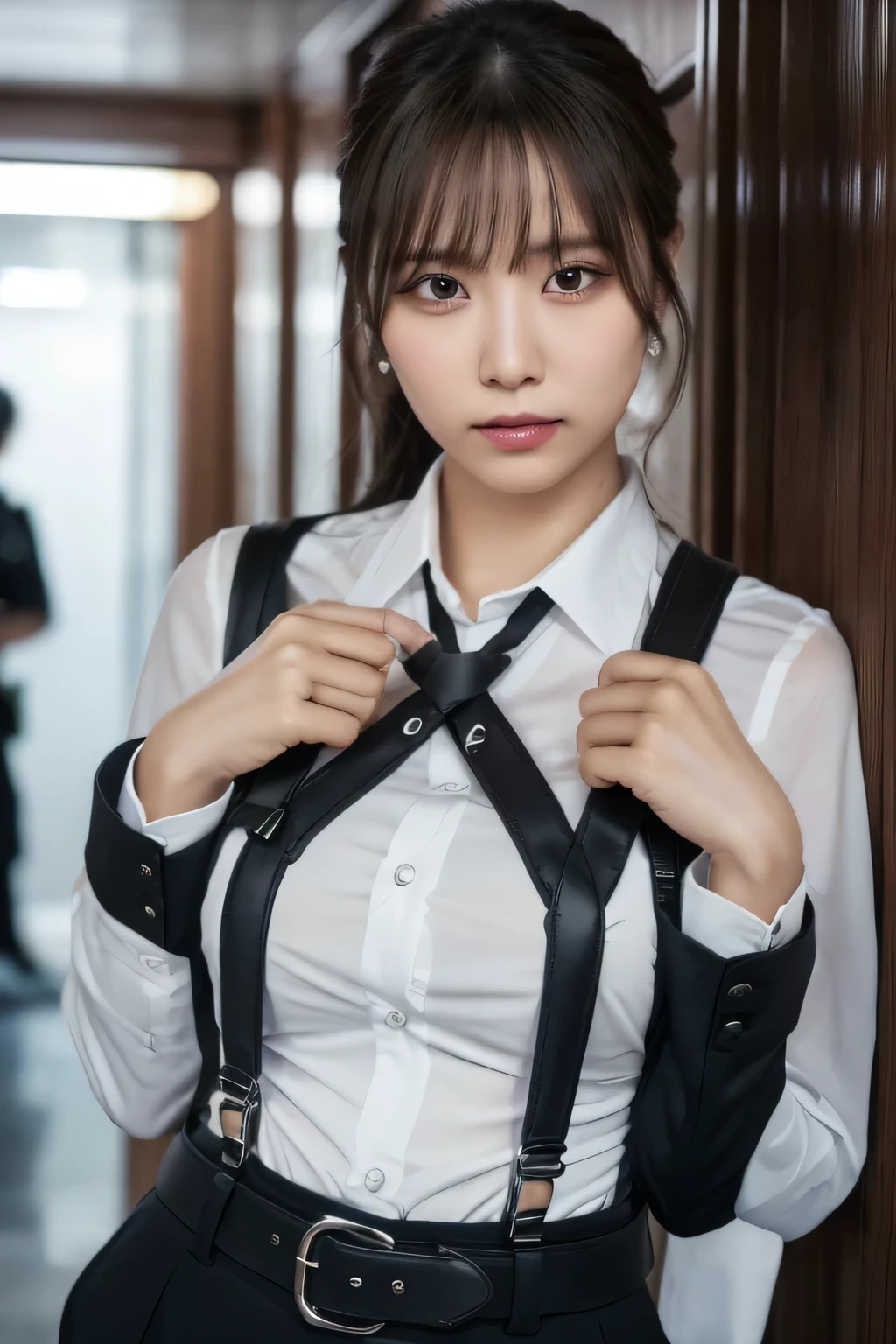 Five female bank employees are taken hostage after being attacked by robbers、All of them have their hands tied behind their backs with rope、Are standing、Back view、Wearing a bank uniform、Age 25、Beauty、Well-formed face、Medium build、Small Bust、Anatomically correct body、, light brown hair, straight hair, swept bangs, Surrealism, cinematic lighting, tachi-e, Nikon, Wide-Angle, uhd, anatomically correct, textured skin, best quality, highres, 8k, anatomically correct、Anatomically correct body、