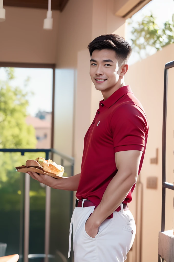 (armface:1.3) , Handsome young man standing and smiling, (have a mustache:0.8) , (Short hair:1.2),(Short sleeve polo shirt:1.2), (Red Shirts:1.2),Black jeans, Big muscles, Handsome and muscular, full body angle, (Kitchen balcony:1.1), (Blurred background:1.5)