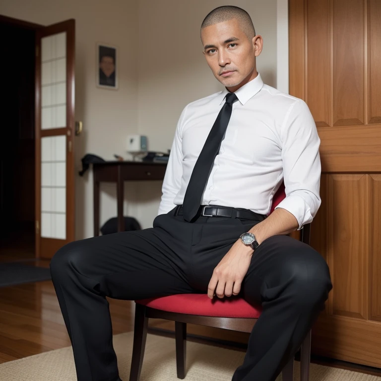 40 years old,Hidetoshi Nakata,(Kogoro Mori 1.3),Oriental face,whole body,Lean,muscle,Sitting,Legs open,White socks,Baldhead ,transparent,Thick body hair,White lingerie,Topless,Densely hairy,Fortitude,HD,With a mustache