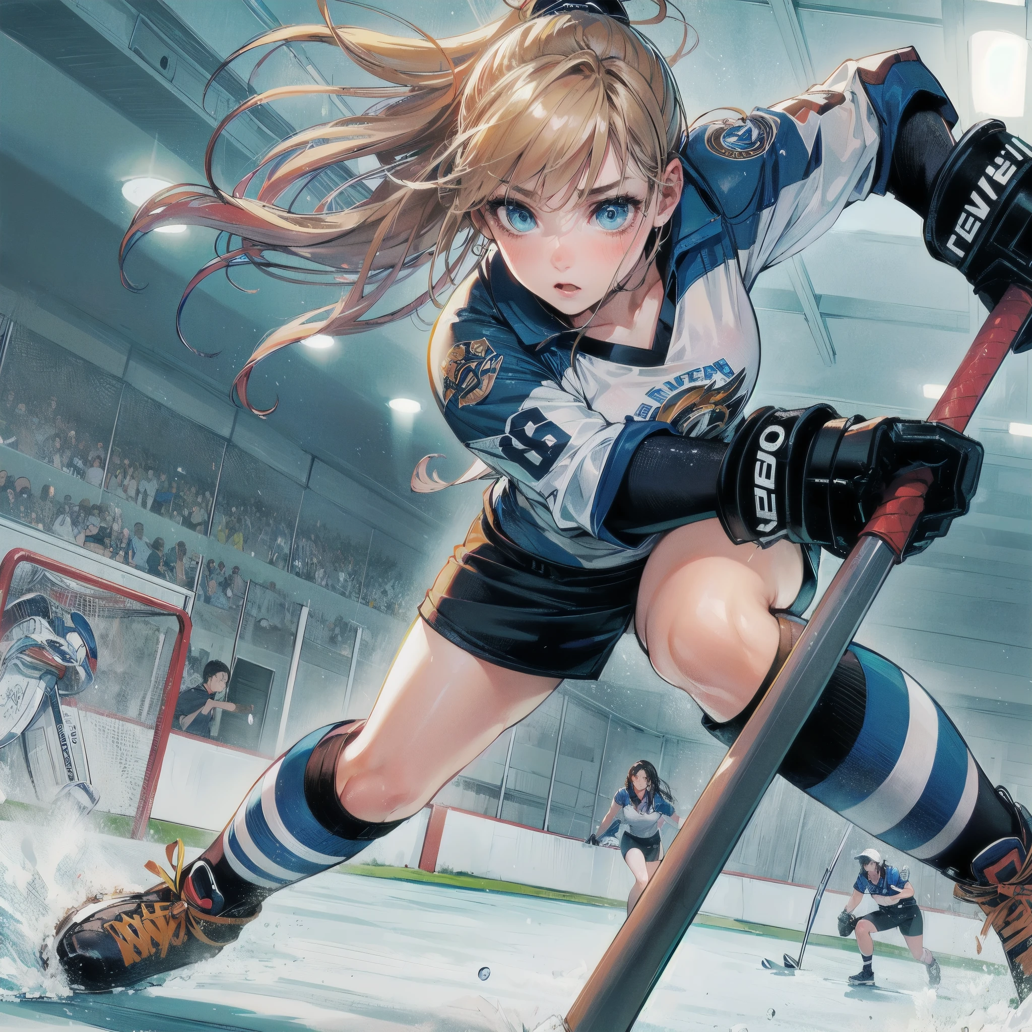 high quality,HD,16k,sharp lines,1 girl,Female ice hockey athlete ,cute face, medium breasts, nice legs,At the ice hockey venue,focus girl,detailed beautiful face,detailed clothes,beautiful eyes,cool,dynamic angle