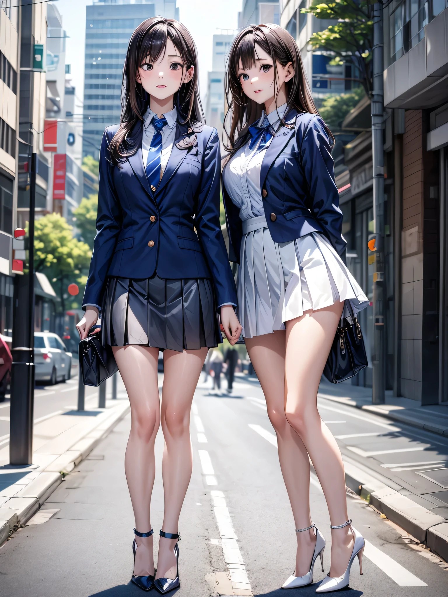 (masterpiece:1.3),(best quality, highest quality),((Full Body Shot,Including face)),2girls,4K,masterpiece,((Focus on the face)),((Symmetrical facial features)),Beautiful woman,(Slender),((High heels,stockings,anklet)),Facial detailing,(Navy blue jacket、White Shirt、tie、Blue check block pleated skirt:1.3)、sideways glance、tie、Shibuya Center Street,JK、High school girl