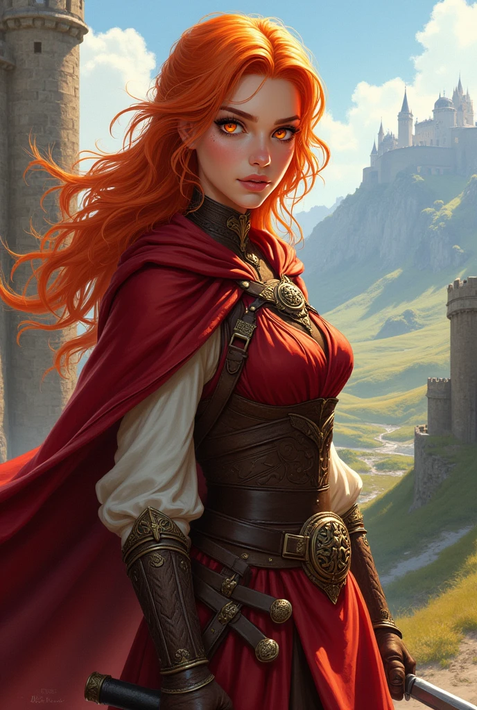 dessin
elfe fille vue de face
Blason B.E.I.
pendentif au cou
cheveux roux mi long
gros seins
yeux ambres
armure grise
chemise ample rouge
pantalon crème
dague a la ceinture
fouet dans main droite