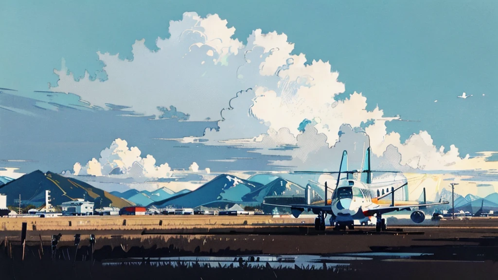 minimalist style painting, landscape, minimal , impression, plane, clouds