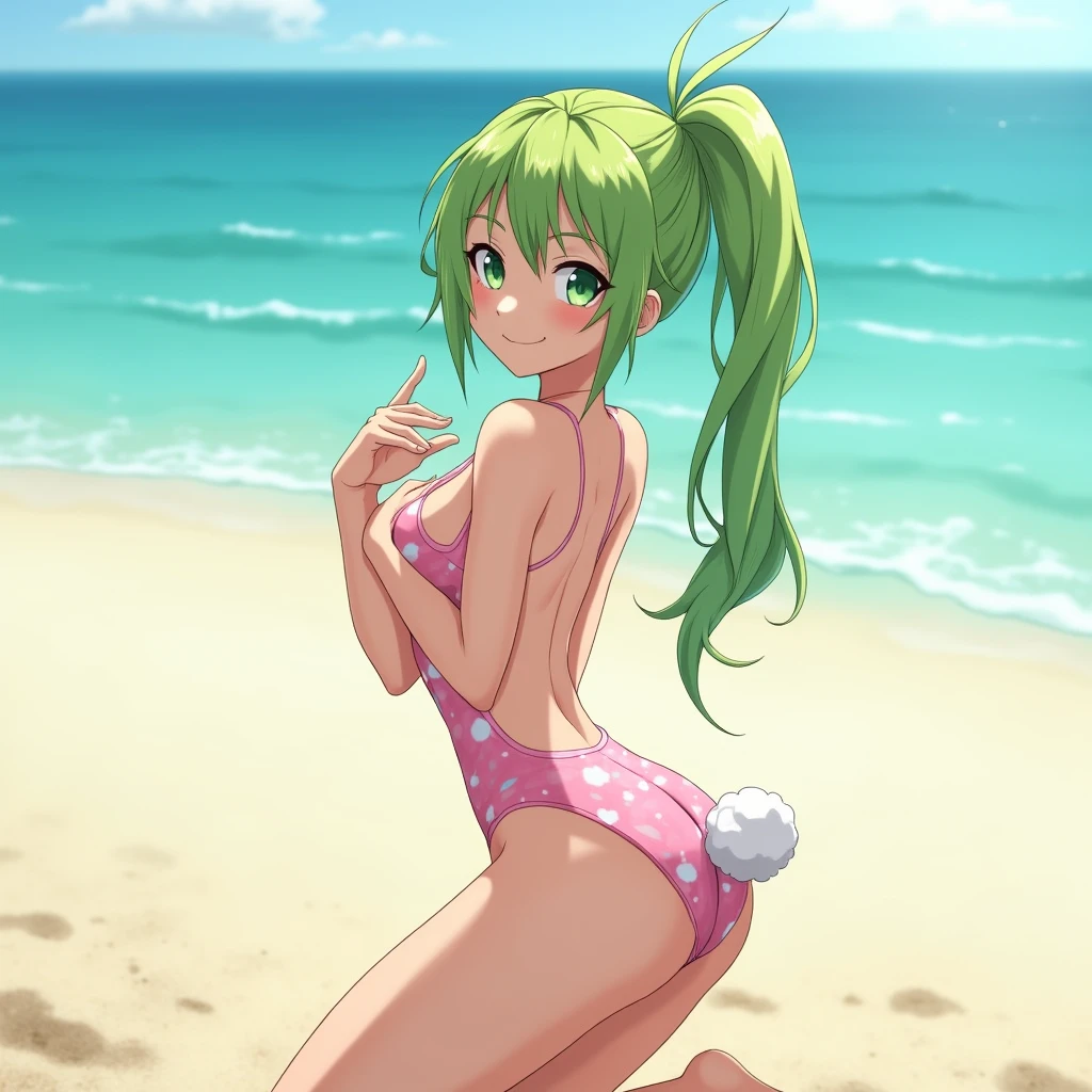 Tatsumaki on the beach in a black swimsuit half naked