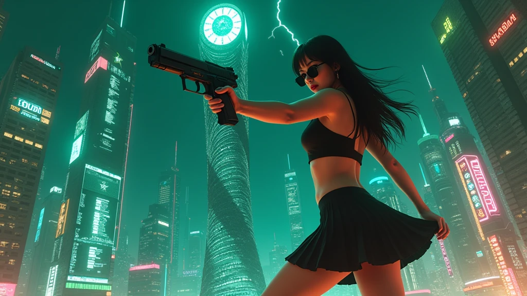 (Low angle view). A futuristic sci-fi all-glass city, tall neon buildings, transparent elevator, 1 drone. High-resolution OLED GUI interfaces in the building, The windows are filled with transparent data visualization infographics that show it all, from weather patterns to traffic flow, Matrix cascading code. Colors are saturated and vibrant. At night, (1girl, solo), photo realistic, medium-breast:1.3 slim body, cleavage, sexy costume, miniskirt, (matrix style black sunglasses, holding a short gun), half-body thigh level medium shot, cinematic lighting, ray tracing.