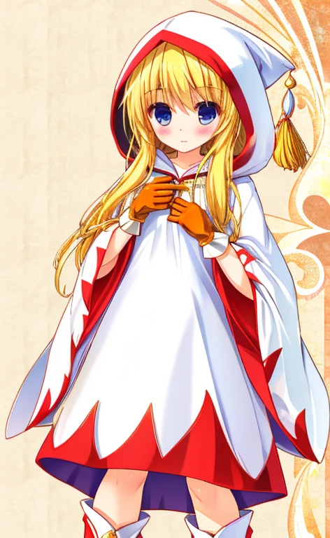 Beautiful long blonde　Cowboy Shot　WhiteMageFFT　 white mage, hood, Robe, (long Robe, knee-length Robe), gloves, boots,