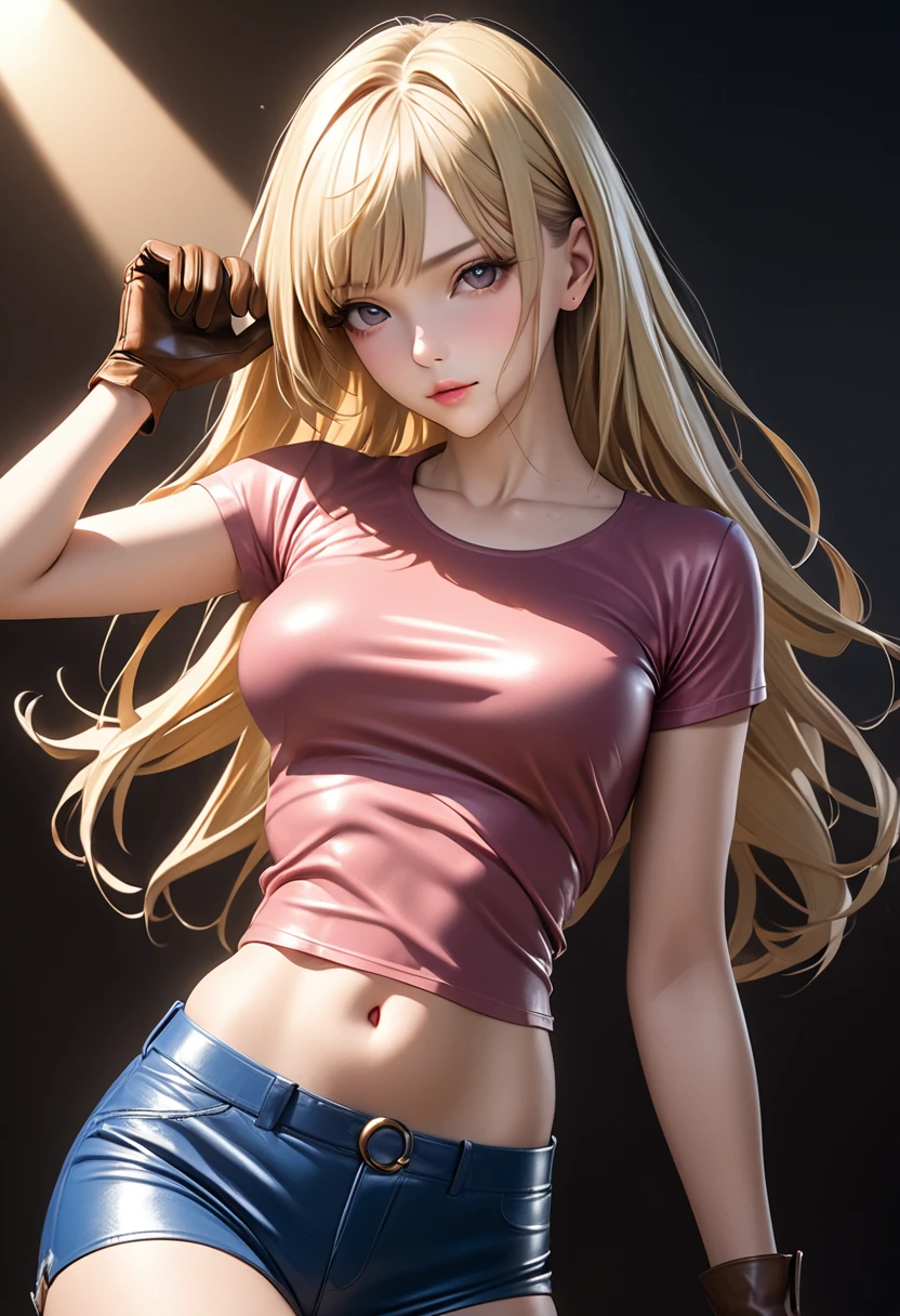 Realistic, 1 girl, Long blonde hair, Side bangs, Tight plain pink leather t-shirt, Scoop neck, Navel exposed, Blue leather shorts, Brown belt with oval buckle, Brown small gloves, Seductive pose, high quality, Super detailed, 8k, masterpiece, Cinema Lighting, Dramatic Shadows, Vibrant colors, Photorealistic, Intricate details, elegant, Fashion Edit