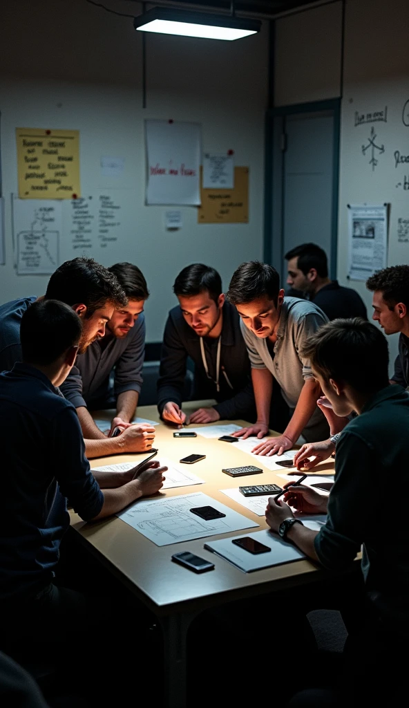 create the image of a table with various papers and graphs and several professional men and women around this table, discussing the creation of a new project for a company