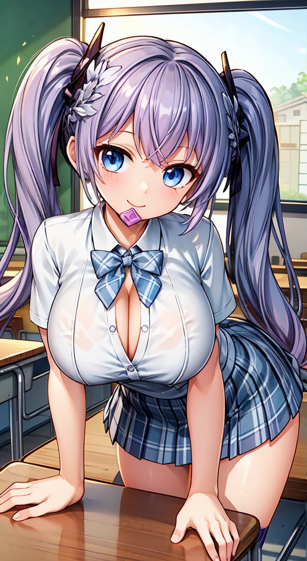 Highest quality,masterpiece,(condom in mouth),one person,bionde,Twin tails,Schoolgirl uniform,Short sleeve,mini skirt,Large Breasts,smile,classroom,see through ,buzzer ,Micro mini scart,Cleavage,Brasilia,Leaning forward on the desk,