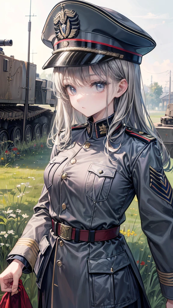 ((True best masterpiece, Ultimately perfect quality, Extremely delicate details)), ((Modern army, World War I, Great War, Old, Antique)), A soldier girl, Is an officer, Wearing military uniform, Gray jacket, On the frontline, Outdoor