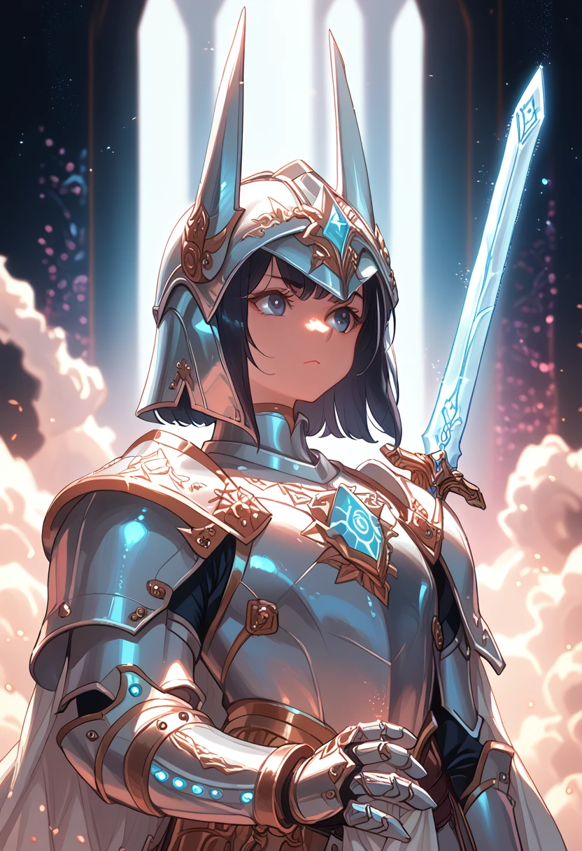 detailed white shiny armor, detailed white helmet, detailed large white sword, mystical gold jewels in armor, White Hole Cosmic Background, white aura, white neon lights