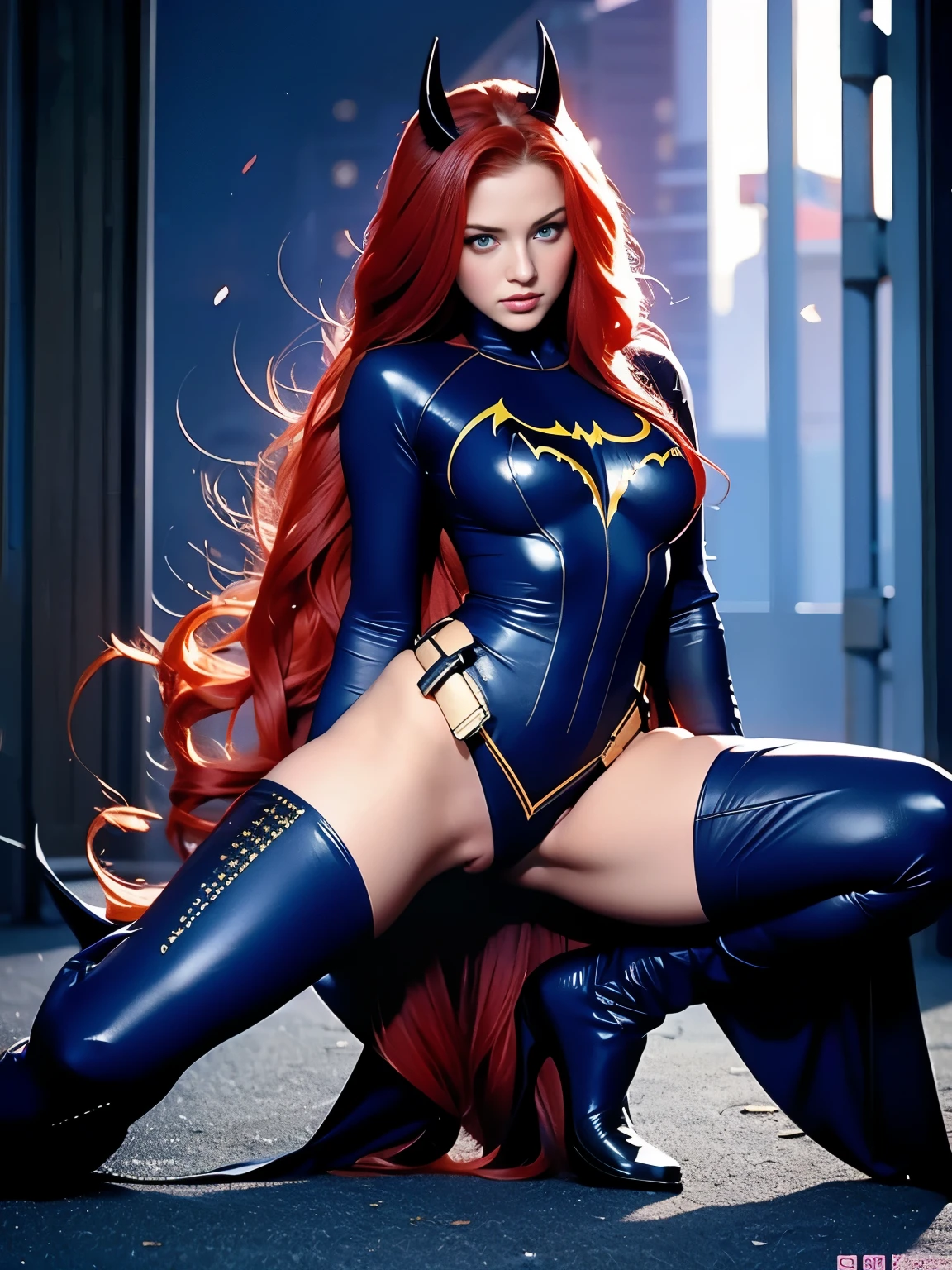 Woman, long hair, red hair, blue eyes,full body, soft, cute, batgirl suit wide open, show nipples, show vagina, open legs:1.4