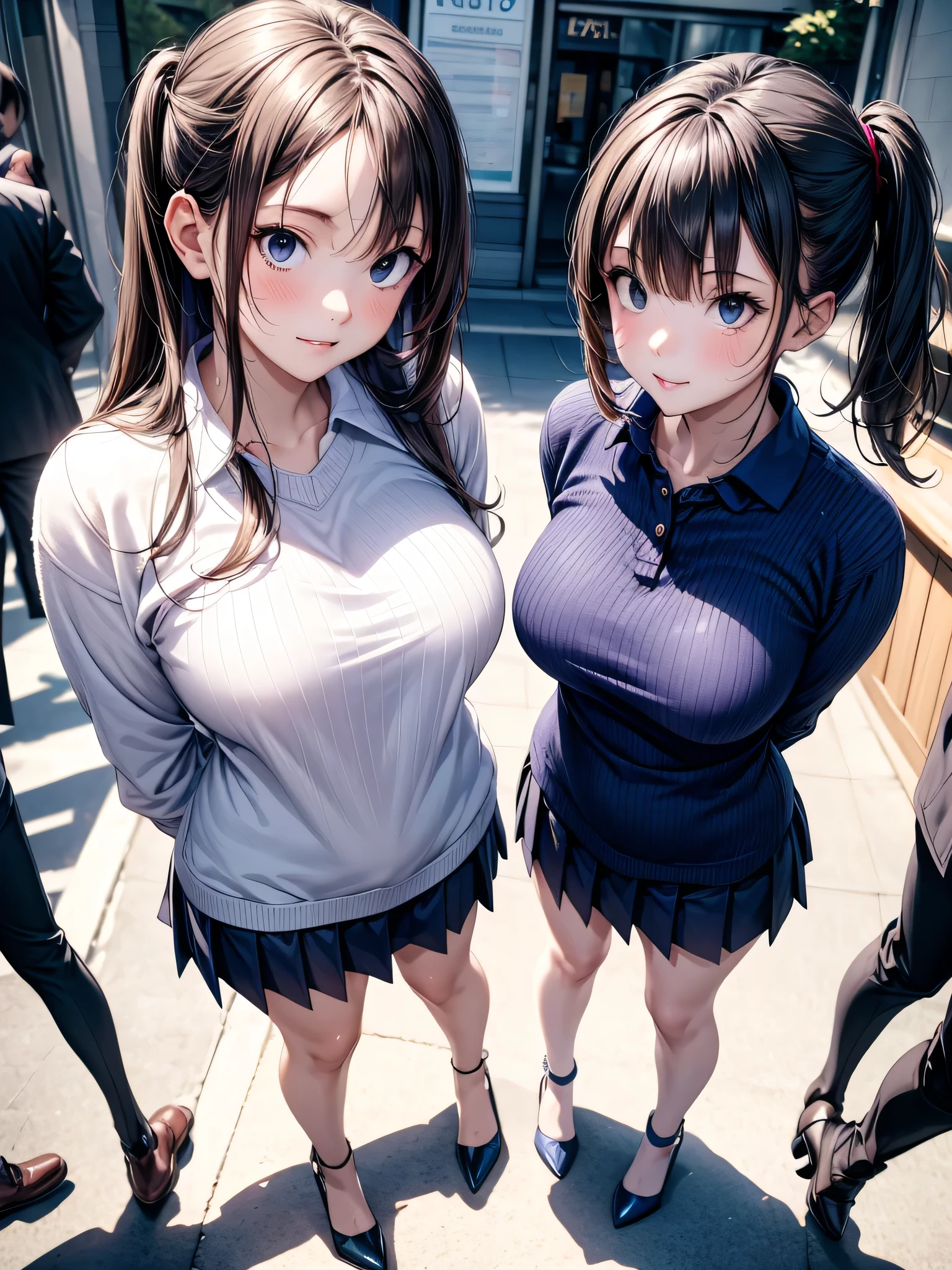 2 heads, a short thin woman with 2 heads. Outside in the autumn, at a university. Enormous breasts. Schoolgirl attire. Miniskirt. Thigh-high socks. Young. Happy. Flirty. Seductive. Enormous breasts. Giant erect nipples.