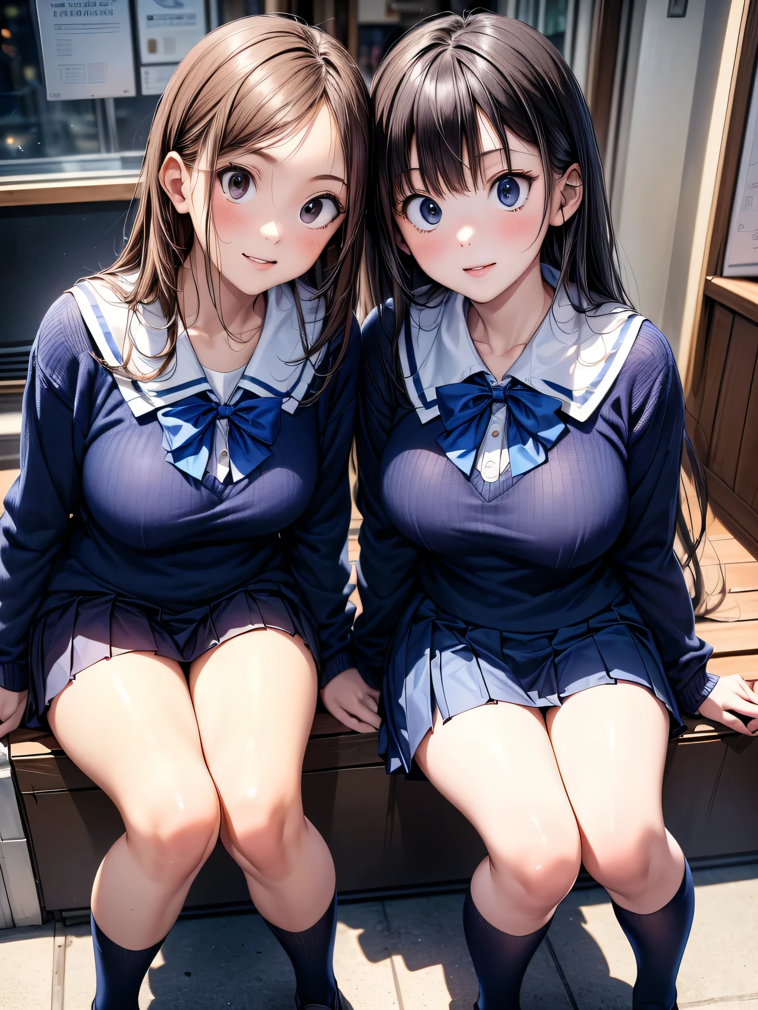 Blue and white vertical striped dress、barefoot、Her breasts were pressed together