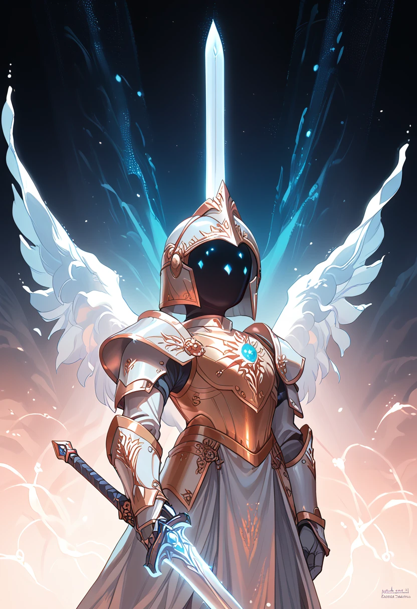 detailed white shiny armor, detailed white helmet, detailed large white sword, mystical gold jewels in armor, White Hole Cosmic Background, white aura, white neon lights