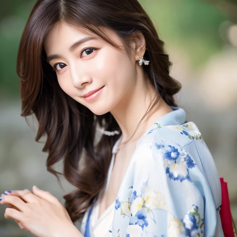 ((masterpiece, highest quality, super fine, High resolution)), 4k. alone, beautiful mature woman, shining eyes, perfect eyes, Beautiful sister of Japan, blue theme, yukata,((light makeup))、