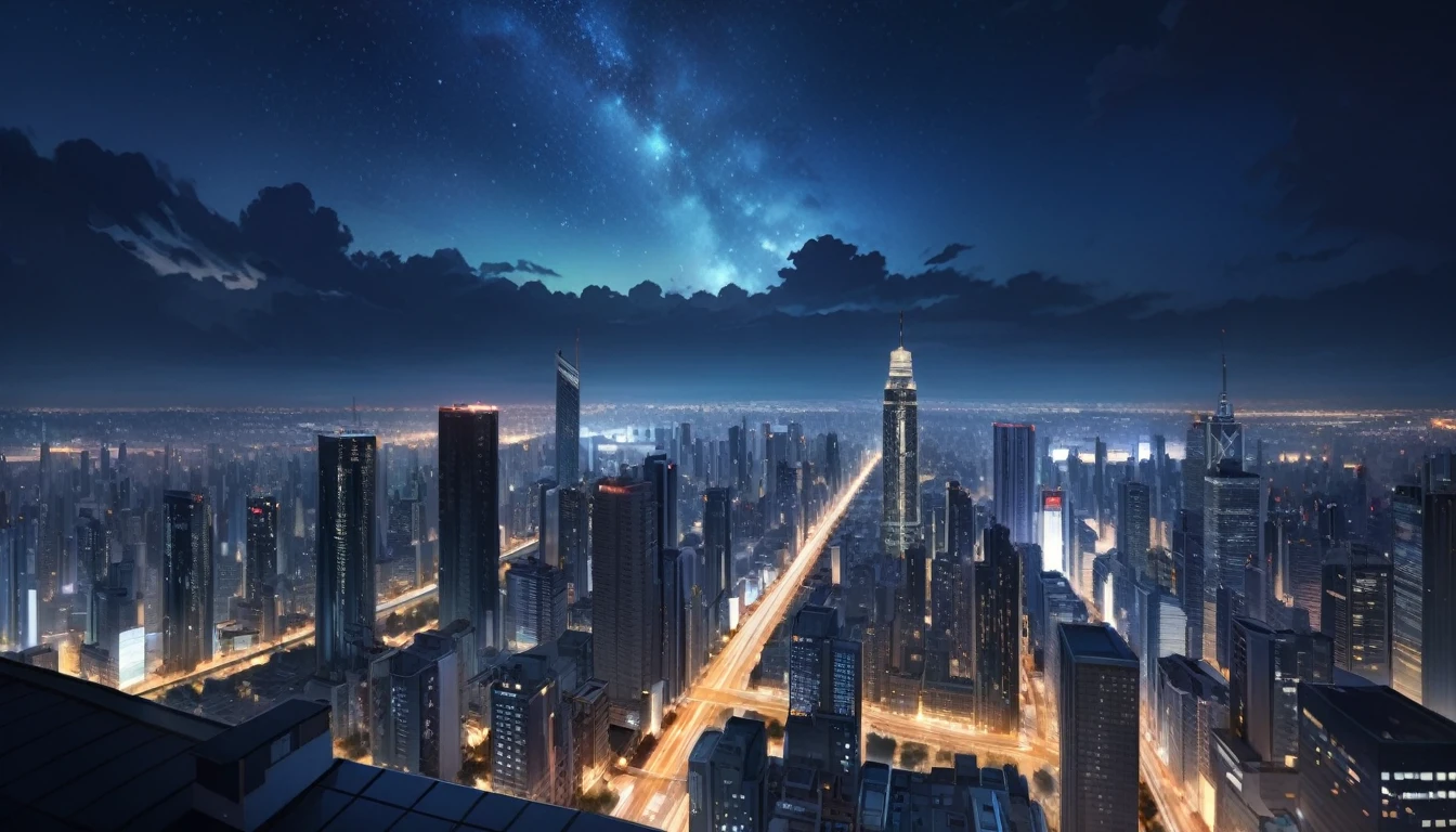 high resolution,High definition,high quality,landscape,realistic,Tall buildings,look up　Overlooking the city from the rooftop at night　Night Sky