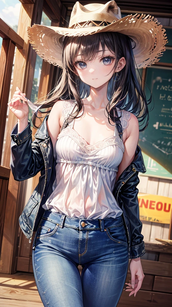 masterpiece,1girl,solo,topless,pasties, <lora:FlowerPasties-halfAlphaV1:1>,long_hair,standing,outdoors,jeans