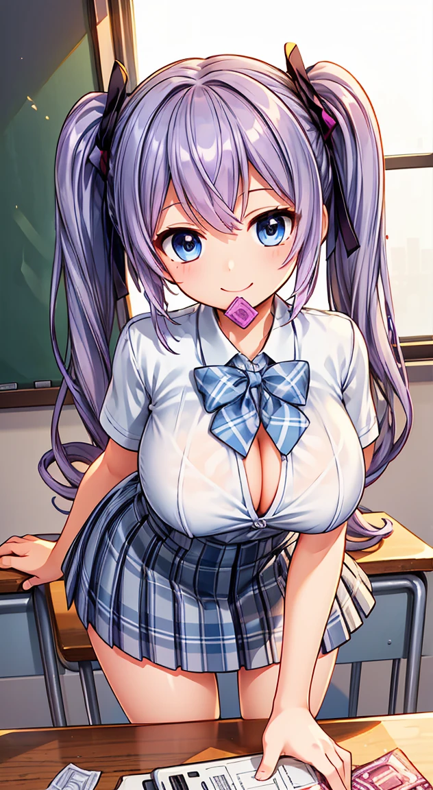 Highest quality,masterpiece,(condom wrapper in mouth),one person,bionde,Twin tails,Schoolgirl uniform,Short sleeve,mini skirt,Large Breasts,smile,classroom,see through ,buzzer ,Micro mini scart,Cleavage,Brasilia,Leaning forward on the desk,