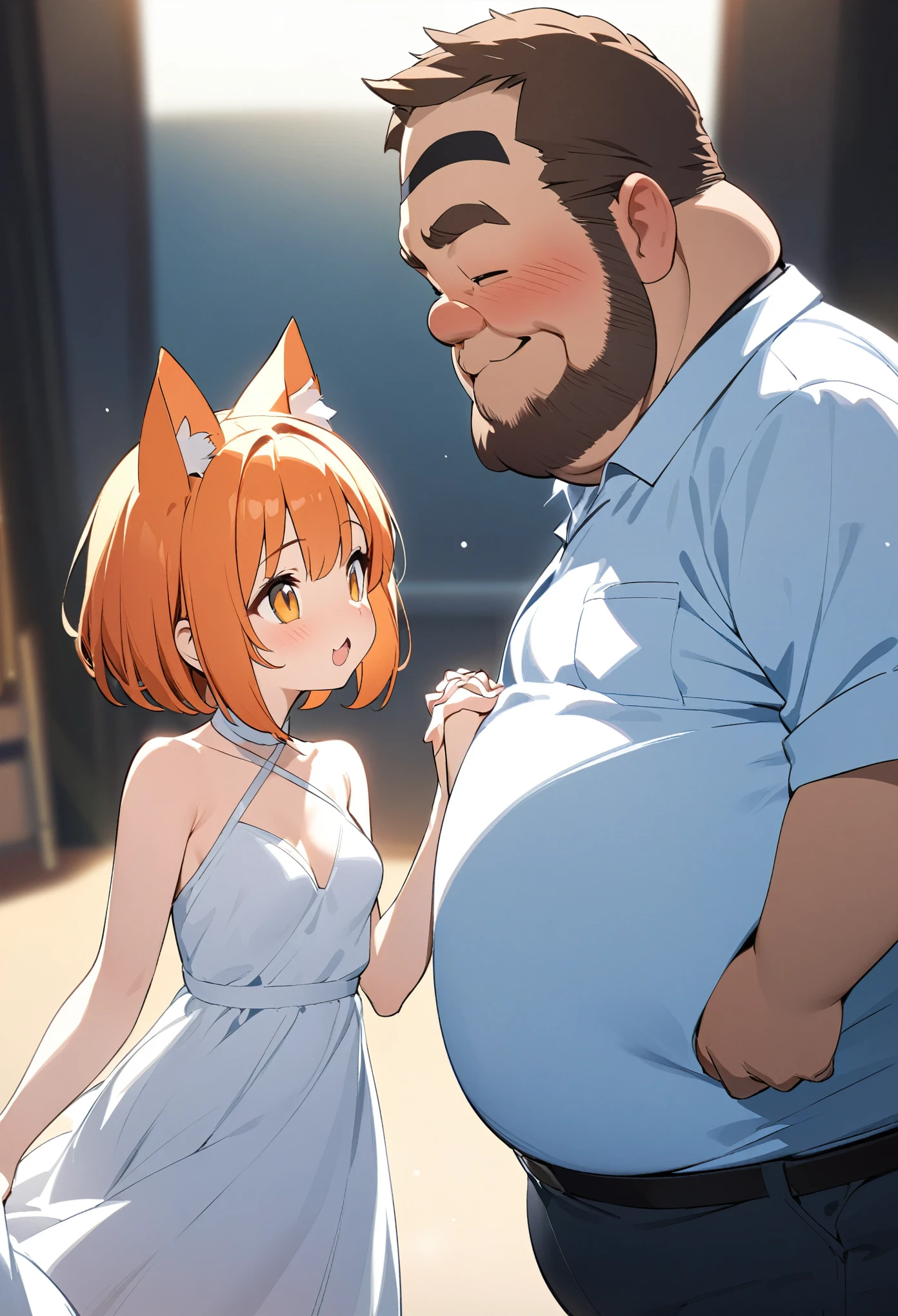 Young girl、Very cute、small、Firm breasts、White dress、Orange Hair、Short Hair、Top quality backgrounds、Fat Uncle、Holding hands、Cat ears、Cat&#39;s tail、smile、amusement park、fun