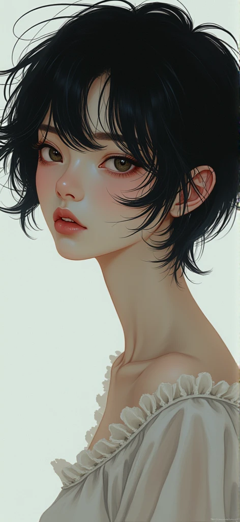 1girl, upper body, detailed face, simple background, dress, large breasts, bare shoulders, <lora:Flater:0.6>
