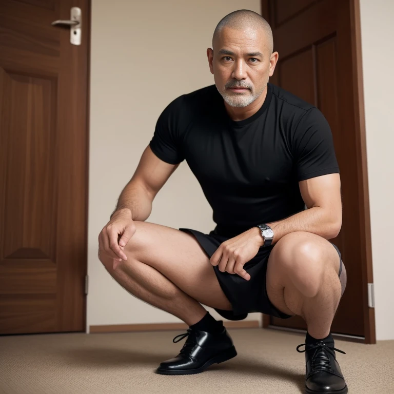 40 years old,Hidetoshi Nakata,(Kogoro Mori 1.3),Oriental face,whole body,Lean,muscle,Sitting,Legs open,White socks,Baldhead ,transparent,Thick body hair,White lingerie,Topless,Densely hairy,Fortitude,HD,With a mustache