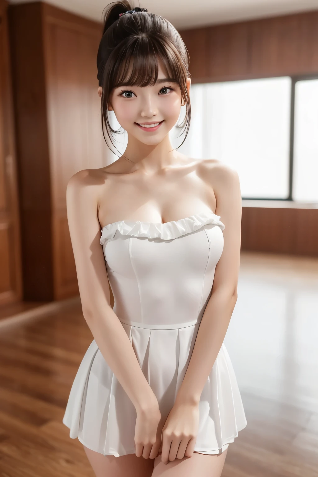 Highest quality,8k,Ultra high definition,,(My older sister is a -year hschool student.）, figure like an actress,With bangs,ponytail,Smile,Fashion like Korean dance idols in 2024、Strapless,Sexy looking clothes,Dance Floor