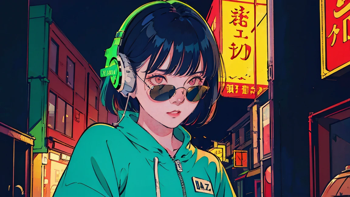 One beautiful Asian woman、From the waist up、Similar to Hana Sugisaki, Black Hair, headphone, Wearing sunglasses.A small bird is beside me, In the style of neon realism, Charming characters, action, Gadget Punk, solapunk, Colorful cityscape, Crimson and amber, Neon Black, Soft lighting, night, nighttime, Realistic, red lighting, Green lighting, Hard Shadows, masterpiece, Best Quality, complicated, Model shooting style, Vintage, Film Grain, Incomplete details 、Jazz Cafe