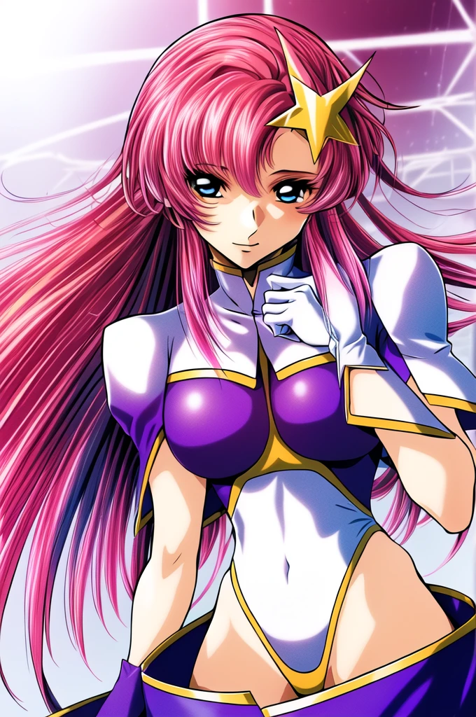 Armpit Show,masterpiece, highest quality, High resolution, anime, Lux 1, 1 Girl, alone, Lux 1, 1 Girl, alone, Pink Hair, Straight hair, hair ornaments, removable white sleeves, blue eyes, White Dress, Purple Skirt, Long skirt, Very long hair, Bare shoulders, big breasts, (Skirt Lift:1.3), (Thong:1.1), Chest Flash