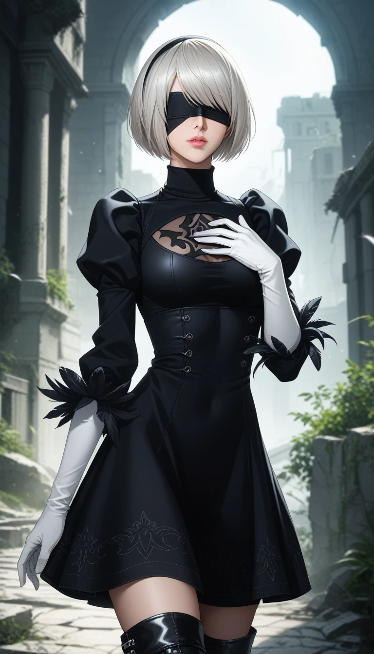 score_9, score_8_up, score_7_up, 32k,masterpiece, highest quality,
photo realistic, vibrant colors, chiaroscuro lighting, cinematic lighting,
2B Nier Automata, 
bob cut, gray hair, bangs, blindfold, pink lips,
black goth dress, long sleeve, Juliet sleeve, white gloves, turtleneck, feather ornament, feather ornament sleeves, black leather boots,
ruins, a ruined world, a devastated battlefield, picturesque, beautiful scenery, fantastic night sky
seductive pose, cinematic angle,