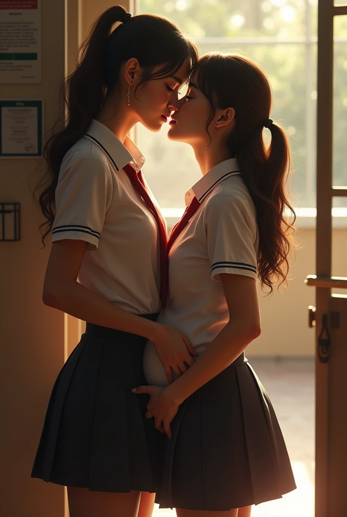 ((masterpiece、highest quality、Highest image quality、8K))、realistic skin texture、photorealistic、High resolution、Raw photo、(Perfect anatomy of the human body)、((two girls kissing、beautiful eyes looking at each other:1.2))、Charming small thin lips are shiny even without lipstick、Gorgeous brunette and blonde hair dancing in the wind、They both wear the same high school uniform.、(white blouse、crimson ribbon tie、gray pleated mini skirt)、japanese goddess、dear、Classroom illuminated by the setting sun、Photograph of two people in close contact from the front、