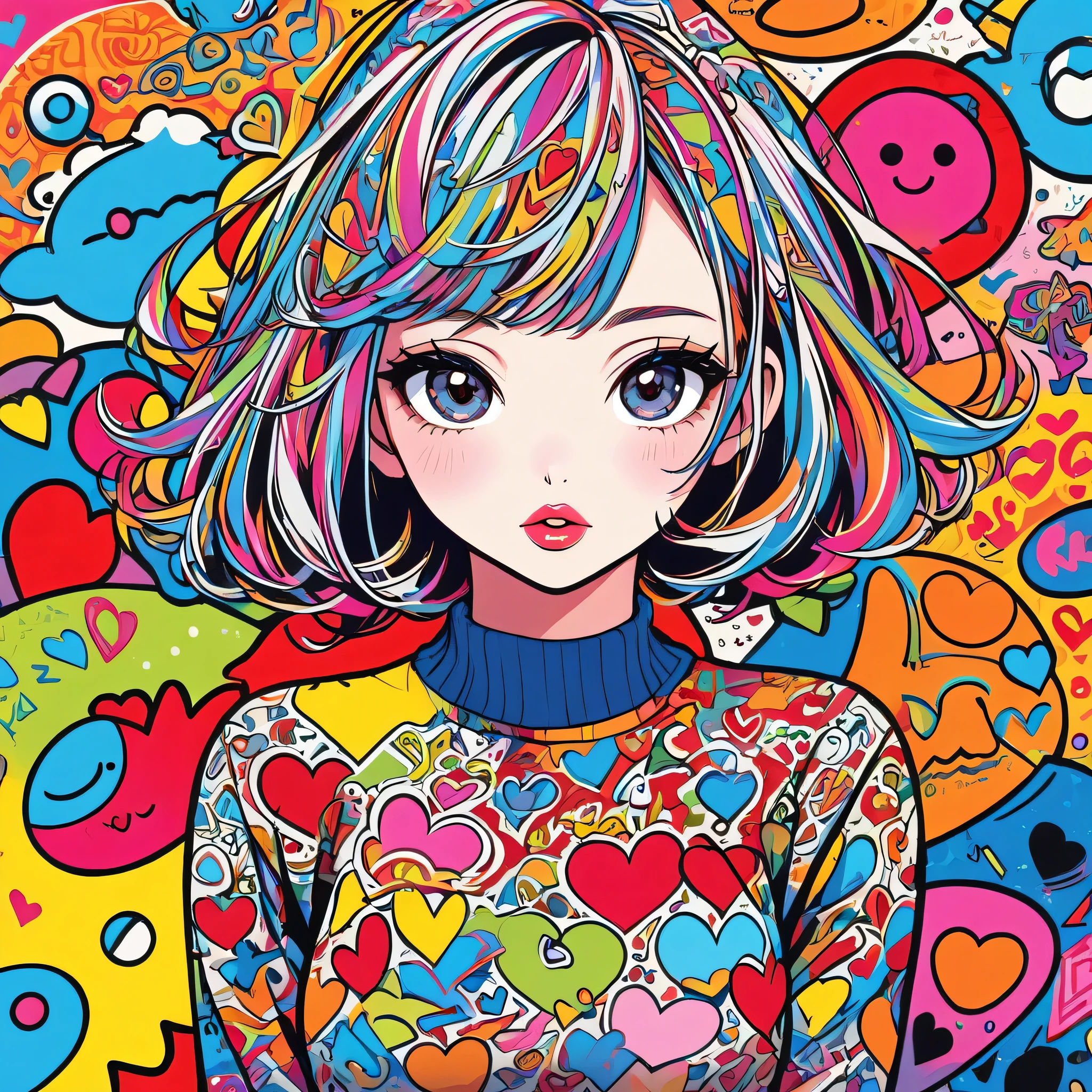 Ultra-realism Keith Haring colorful style, Simple Line Initialism，Abstract art，(((The most beautiful girl of all time))), Sweet face. Lips in love, colorful hearts, stylish design, cute underwear, Dark Eyes, (((Holiday Room))), (((Cute amoeba)))