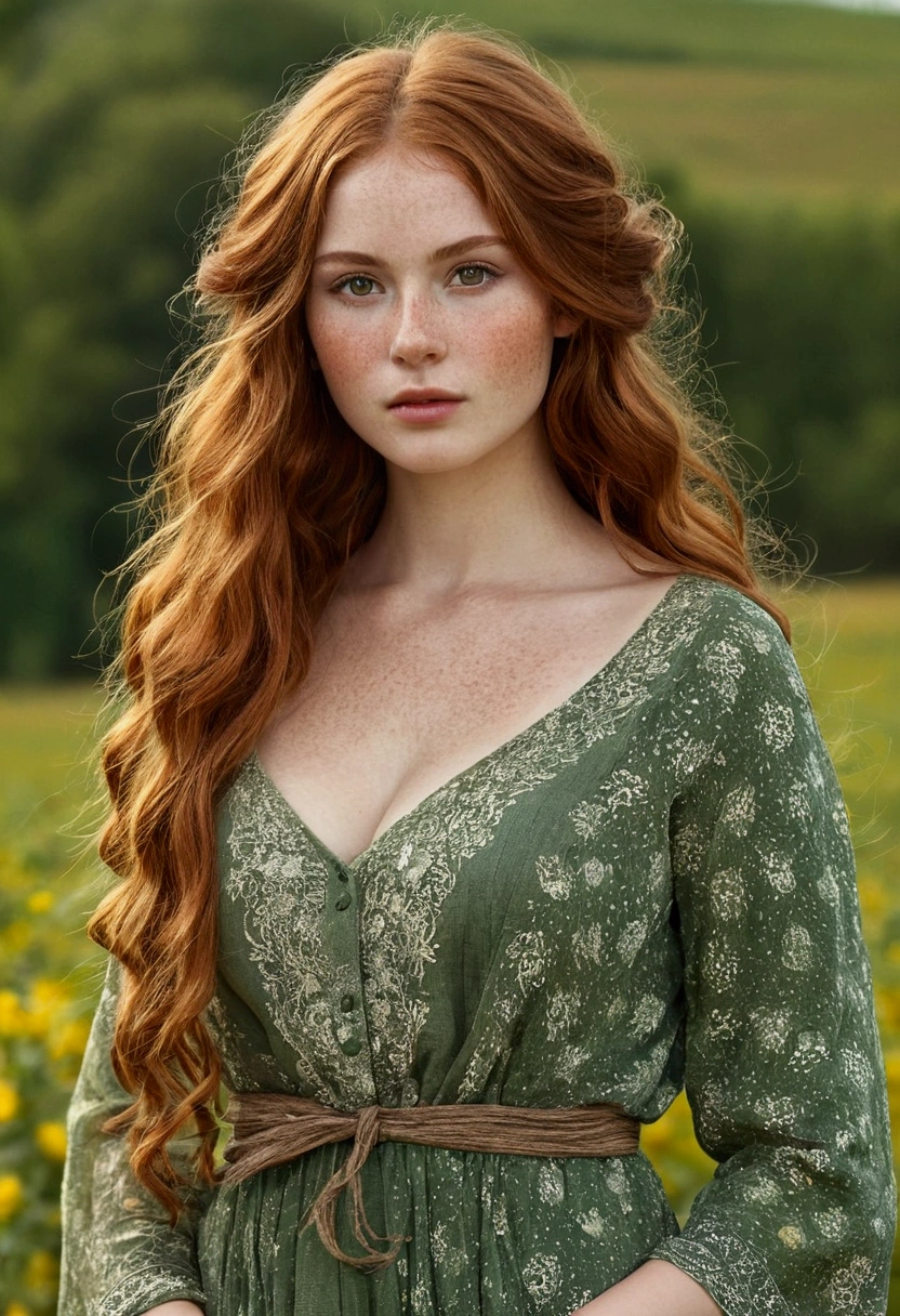Luma is a topless person, she is beautiful And have a strong posture, she has huge breasts that have a voluminous proportion, a pear feminine silhouette, Auburn hair, long Auburn hair, She has expressive eyes, ( Only eyes olive green) Her skin is fair and she has some light freckles on her cheek bones, busty, Farm, Brown rustic clothes, boho clothes, farm boho fashion clothes, romantic vibes, fire lights, fire sparkles, flowers clothes the hair to be half straight and half with curled ends cartoon