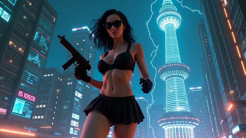Futuristic cityscapes with colorful all-glass outlined towering skyscrapers with lightning, flying vehicle. High-resolution OLED GUI interfaces in the building, The windows are filled with transparent data visualization infographics that show it all, ancient Egyptian fantasy arts, ancient Egyptian statue, (ancient Egyptian hieroglyphics), sphinx, pyramid. Colors are saturated and vibrant. At night, (1girl, solo, alone), photorealistic, large-breast slim:0.6 body, oval:0.5 face, cleavage:1.1, very low angle view of pleated miniskirt, deep-v, (upskirt), glove, (Matrix style black micro sunglasses), (aiming viewer with a short gun), dynamic running pose, ((half-body thigh level close-up shot)), cinematic lighting, ray tracing, motion blur background.