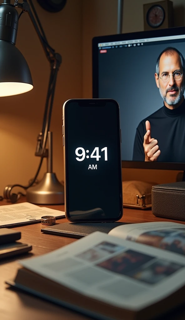 A thoughtful scene showcasing an iPhone with the time '9:41 AM' on its screen, surrounded by Apple memorabilia and a subtle backdrop of Steve Jobs giving his iconic presentation. The image includes a caption or visual element that reads: 'So next time you see 9:41, remember—it’s a piece of Apple’s legacy.' The setting reflects a tribute to the historic significance of this time in tech history, blending nostalgia and admiration for Apple’s impact on technology."