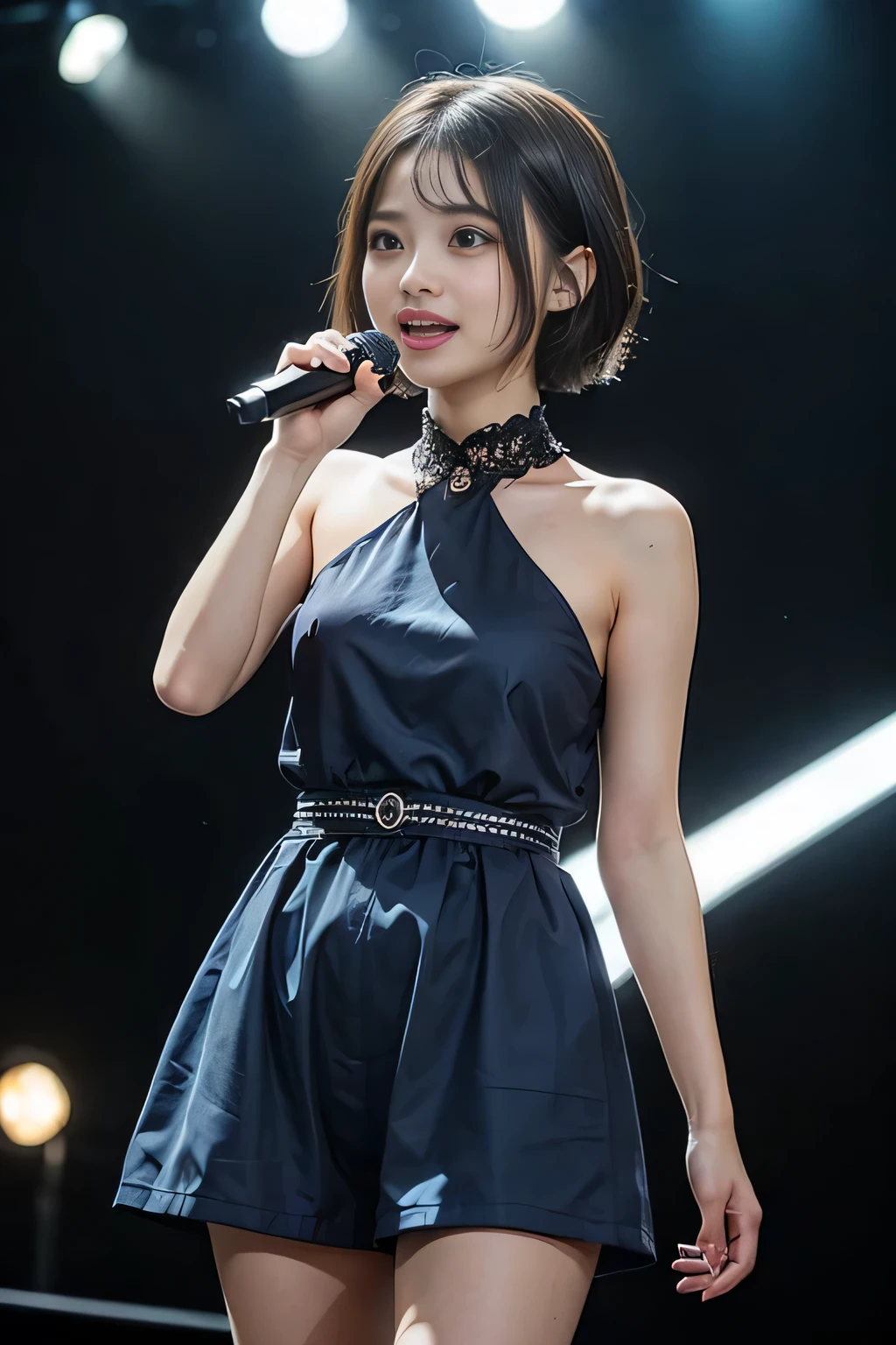 (((draw only one woman: 2))), ((rainy concert venue: 1.5)), (idol woman singing and dancing on stage), thin fabric idol's cute costume, ((wet in the rain) Outfit: 1.2)), ((rain-soaked skin)), ((rain-soaked hair: 1.2)), ((rain-soaked bangs: 1.2)), happy smile, 16-year-old beautiful Female, ((1 screen)), 8K, RAW shot, Top quality photo, Masterpiece, Nice realistic photo, ((Anatomically correct proportions : 1.5)), ((Perfect proportions)), (( Beautiful woman like a Japanese idol)), ((small head)), detailed face, detailed eyes, narrow nose, detailed fingers, detailed arms, detailed skin, detailed legs, short torso, (slim style), (thin waist)), medium breasts, nipple shadow, small nice butt