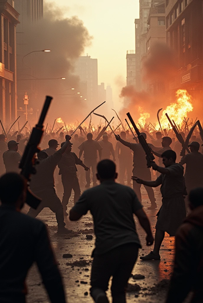 A night-time photograph capturing an urban battle in Tehran between Iranian revolutionaries and the Shah’s military forces. The streets are in chaos, with buildings damaged, cars overturned, and fires lighting up the night. The revolutionaries, both men and women in hijabs, are seen behind makeshift barricades, engaging in a firefight. The image, taken with an old camera, has a gritty texture, with the muzzle flashes from the rifles stark against the darkness.