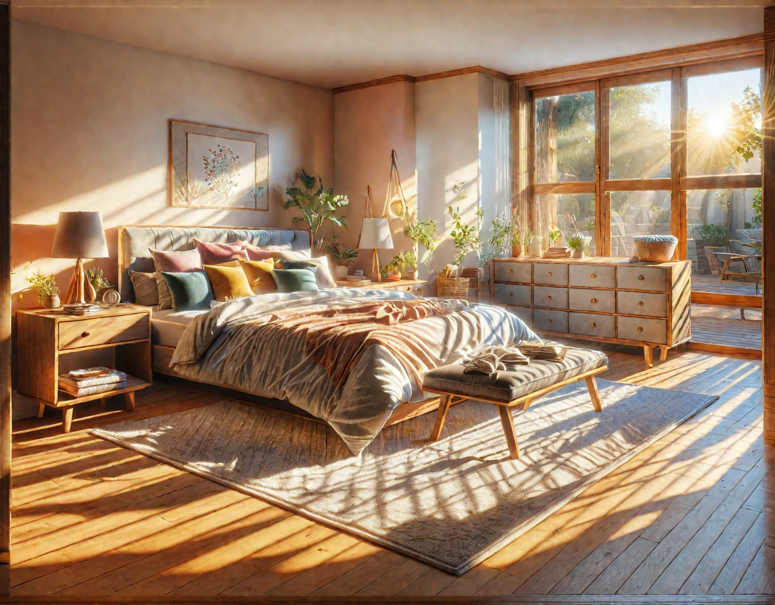 arafed drawing of a bedroom with a bed and a bench, realistic afternoon lighting, a sunny bedroom, sunrise coloring the room, soft ambient lighting, afternoon lighting, realistic light and shadow, a photorealistic rendering, vray shading, photorealistic illustration, realistic. beautiful lighting, flat perspective, vray lighting, vray tracing, vray renderer