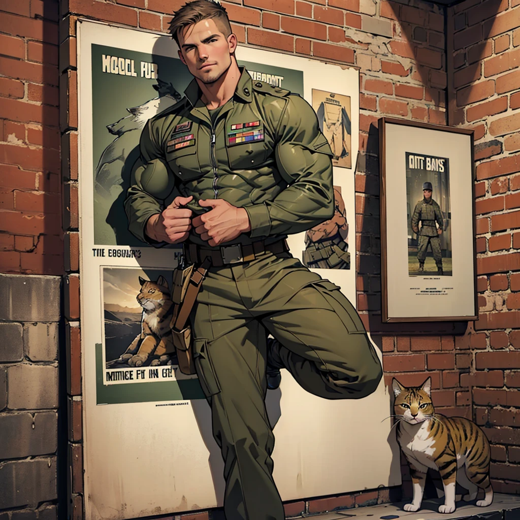 32k, high quality , detailed face , detailed hands , detailed muscles , stephen amell standing and  posing  as a military man ,standing with spread legs, showing his muscles  HOLDING A CAT IN HIS HANDS, ((background brick wall with lot of army posters ))