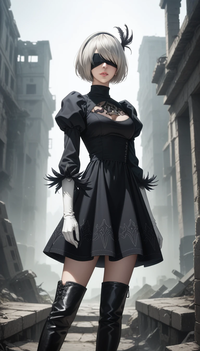 score_9, score_8_up, score_7_up, 32k,masterpiece, highest quality,
photo realistic, vibrant colors, chiaroscuro lighting, cinematic lighting,
2B Nier Automata, 
bob cut, gray hair, bangs, blindfold, pink lips,
black goth dress, long sleeve, Juliet sleeve, white gloves, turtleneck, feather ornament, feather ornament sleeves, black leather boots,
ruins, a ruined world, a devastated battlefield, picturesque, beautiful scenery, fantastic night sky
seductive pose, cinematic angle,