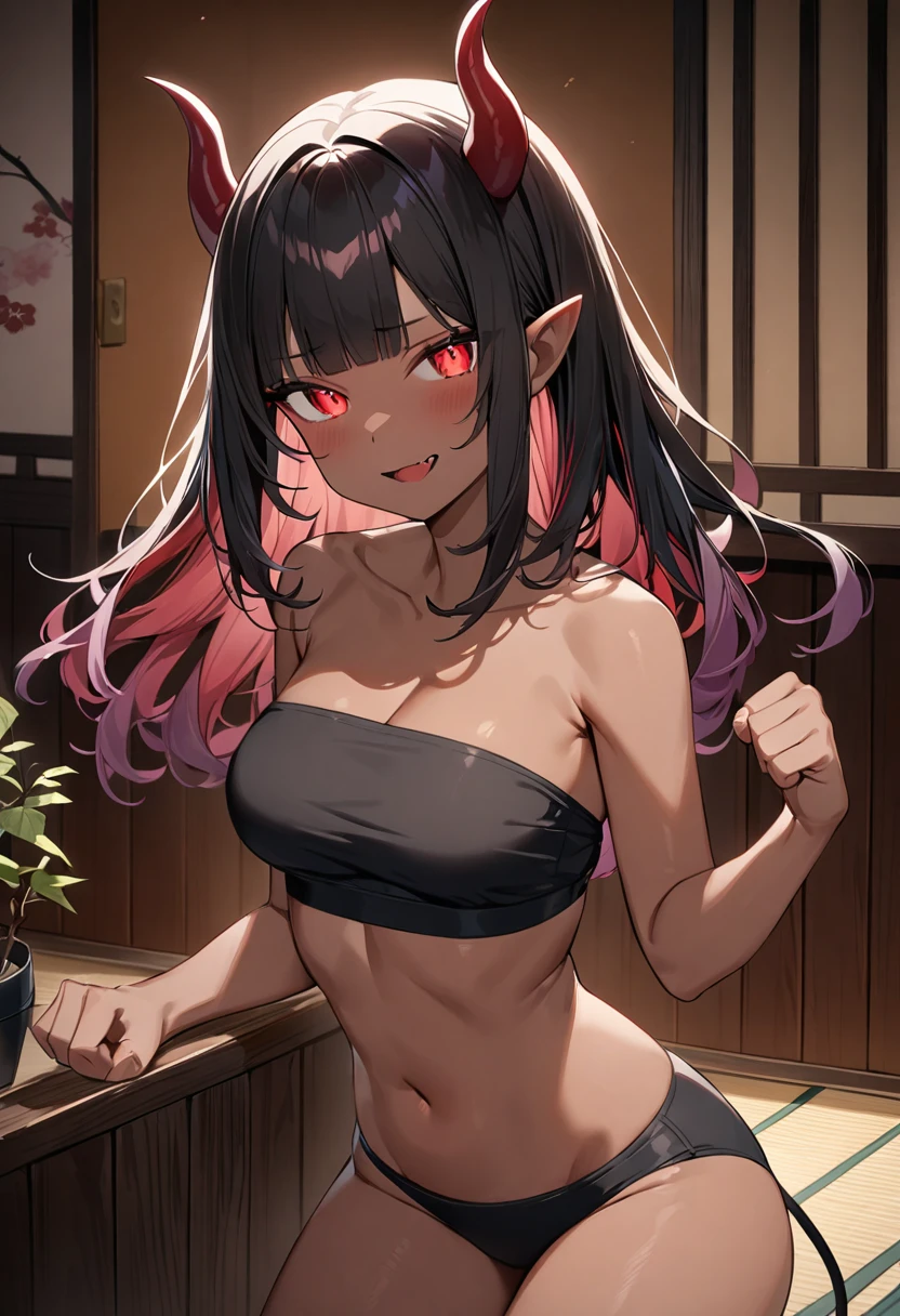 meruccubus (merunyaa), merunyaa, 1girl, brown hair, body freckles, breasts, colored skin, demon girl, demon tail,freckles, hair between horns, long hair, medium breasts, mole, moleunder eye, oni, oni horns, red oni, red skin, red tail, tail thighs, yellow eyes, sportwear, sports bra, yoga pants, abs